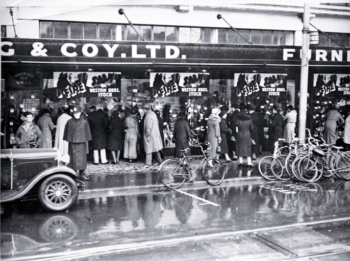 A fire sale of the stock of Weston Bros. & Co., 188 Hereford Street, held at the premises of T.J. Armstrong & Co., corner of Colombo and Armagh Streets, Christchurch 