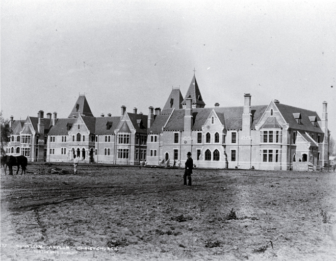 A man ploughs outside Sunnyside Asylum, Christchurch 