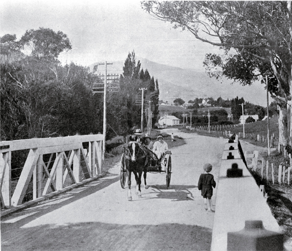 Horse and buggy crossing the bridge : looking up towards the Wairewa Valley from Little River, Banks Peninsula.