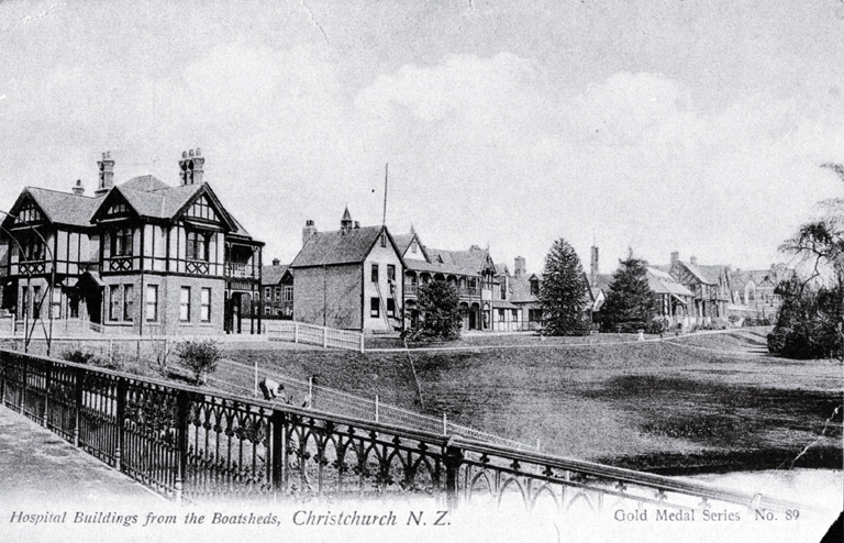 A view of former hospital buildings from the Antigua Boatsheds 