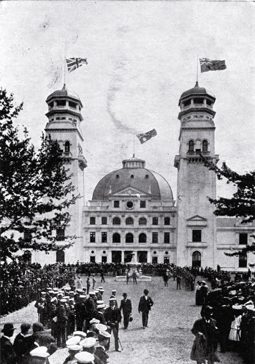 The main entrance building to the New Zealand International Exhibition 1906/7, Hagley Park, Christchurch 