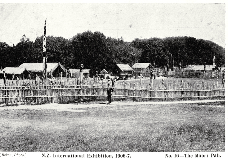 The Maori pa (Te Araiteuru Pa) constructed for the New Zealand International Exhibition 1906/7, Hagley Park, Christchurch 