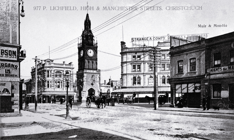 The clock tower when it was situated at the corner of Lichfield, High and Manchester Streets before it was moved to its present site in Victoria Street 