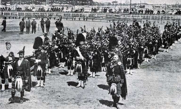 The pipe bands in the massed display.