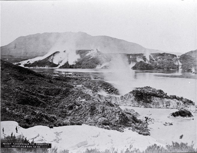 Lake Rotomahana & the foot of the Pink Terraces : to the right is the sulphur crater Whakatarata, in the background is Tarawera.