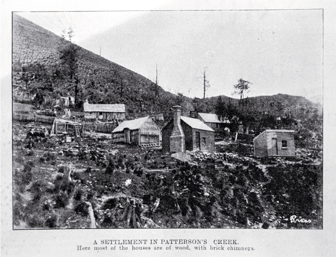 A settlement in Patterson's Stream : a bush-clad area where to the left lie the Southern Alps and to the right the Waimakariri River.