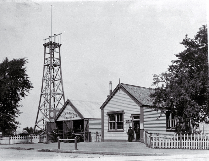 A Leyland fire-engine outside the fire station & Borough Council office, Rangiora, North Canterbury 