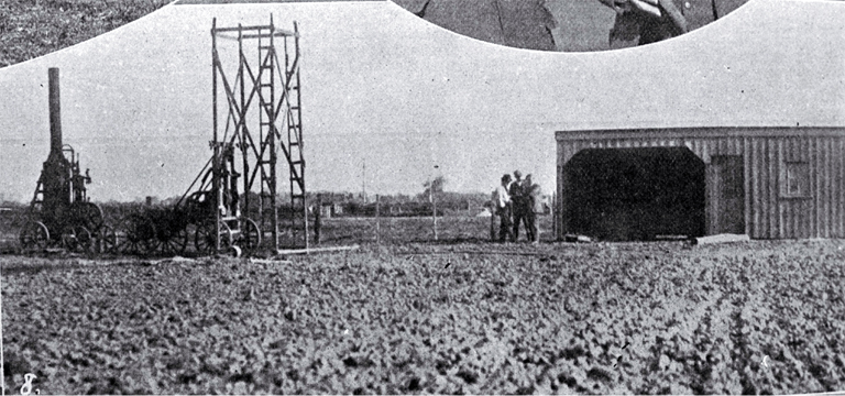 Shed and the well sinking plant at the new soldier's settlement near Avonhead, Christchurch 