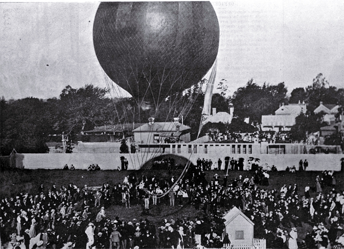 Balloonist Captain Lorraine shown in his first successful ascent in Christchurch 