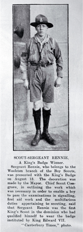 Scout-Sergent Rennie, a King's Badge winner of the Woolston branch of the Boy Scouts, Christchurch 