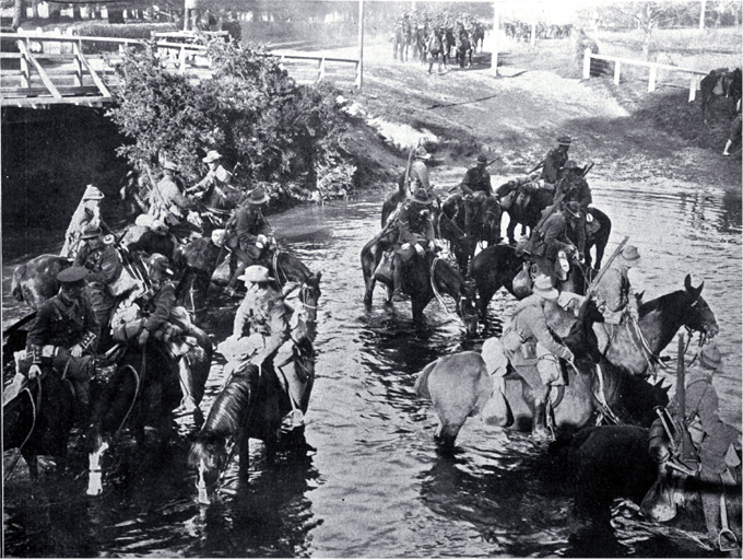 Troops watering horses in the Avon River near Carlton Bridge, Christchurch 