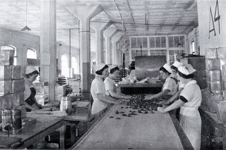 Many girls in mass-production factories work on moving belts 