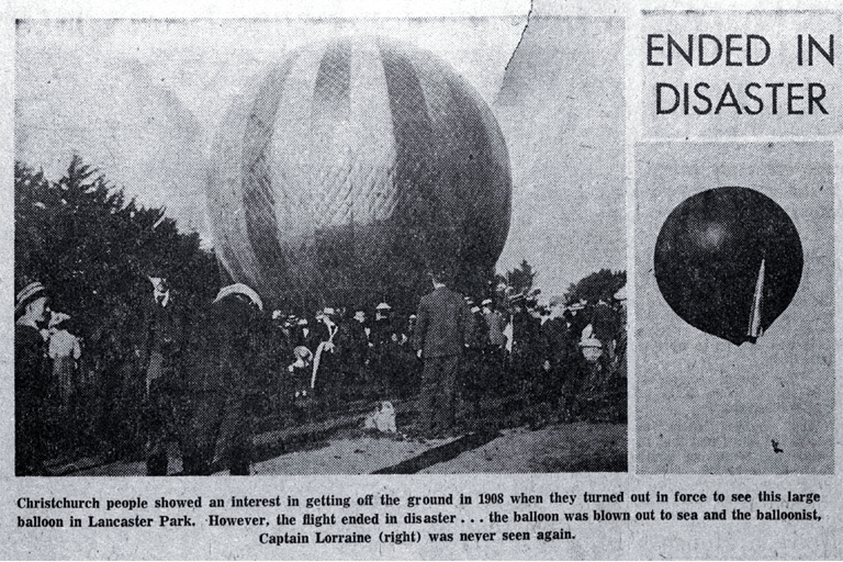 Captain Lorraine's balloon shown taking off from Lancaster Park, 3 Nov. 1899 