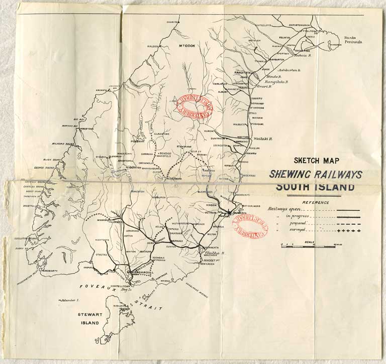 Sketch map shewing railways, South Island. [1887] 