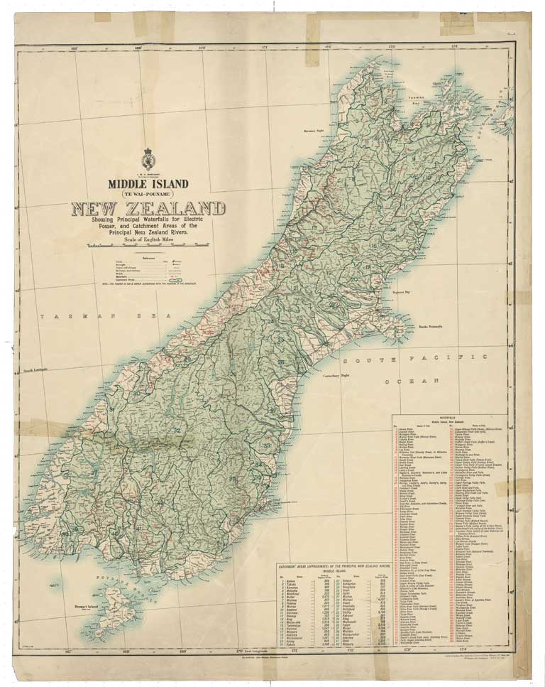 Middle Island (Te Wai-Pounamu) New Zealand : showing principal waterfalls for electric power, and catchment areas of the principal New Zealand rivers. 1904 