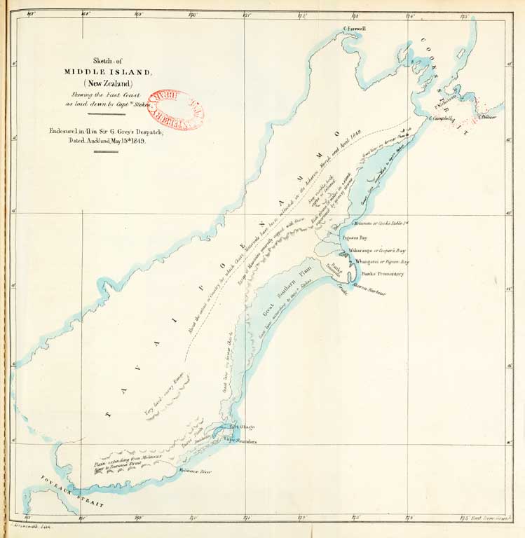 Sketch of Middle Island (New Zealand) shewing the East Coast as laid down by Captn. Stokes. 1850 