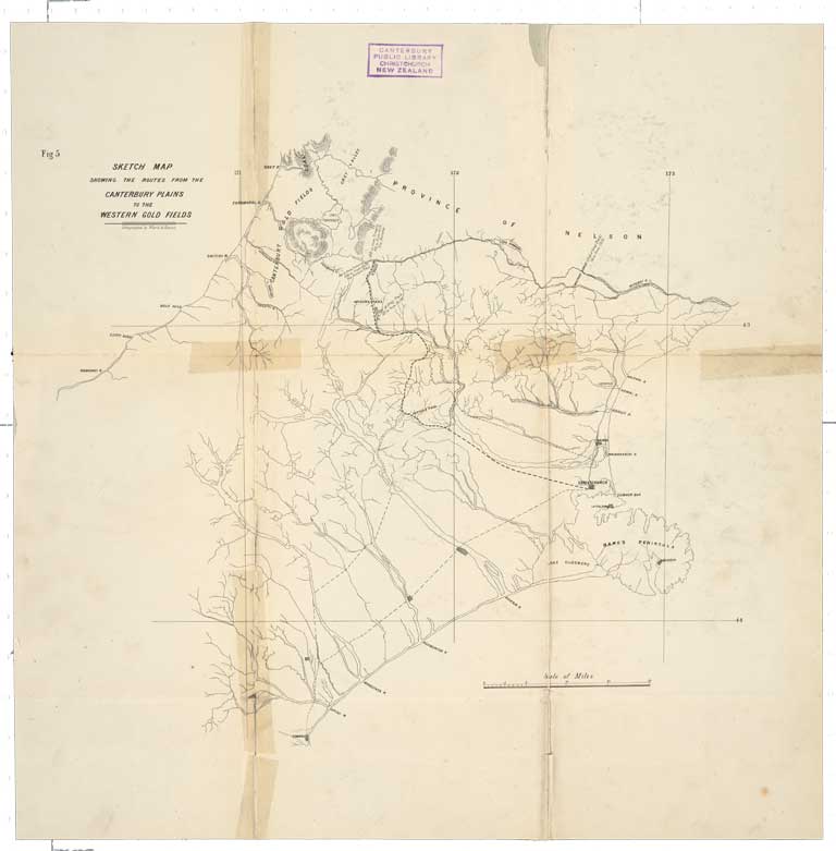 Sketch map showing the routes from the Canterbury Plains to the western gold fields. [1865] 