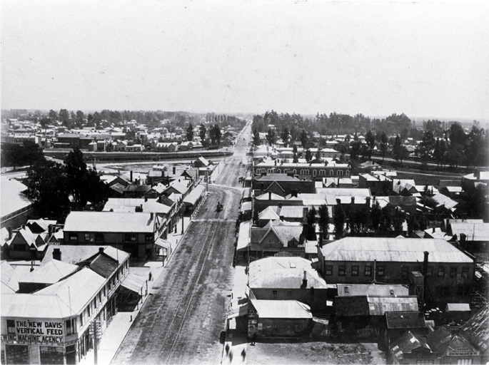 Christchurch from the Cathedral tower, showing Colombo Street and Market (Victoria) Square 