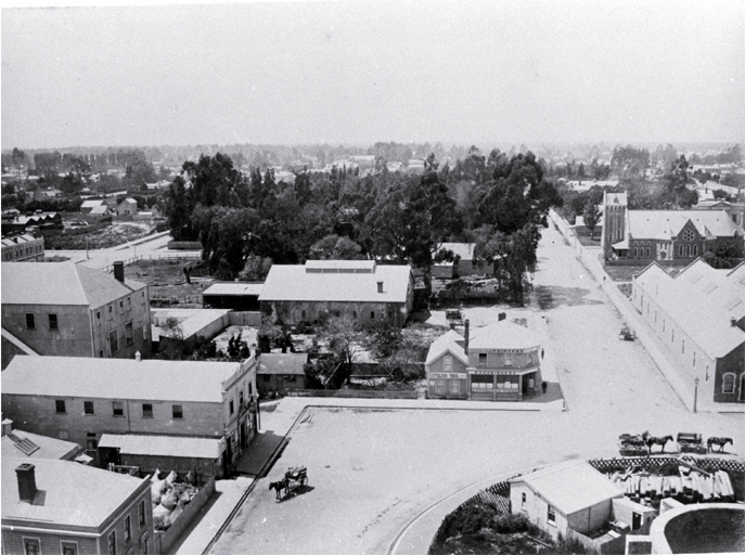 Cathedral Square from the Cathedral tower, looking east down Worcester Street 