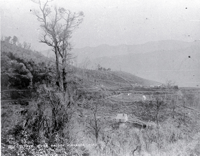 The settlement and Akaroa road in Little River Valley past Lake Forsyth, the main entrance to Banks Peninsula The settlement and Akaroa road in Little River Valley past Lake Forsyth, the main entrance to Banks Peninsula