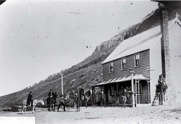 Cyclists on a trip to Akaroa, at the Little River Hotel 