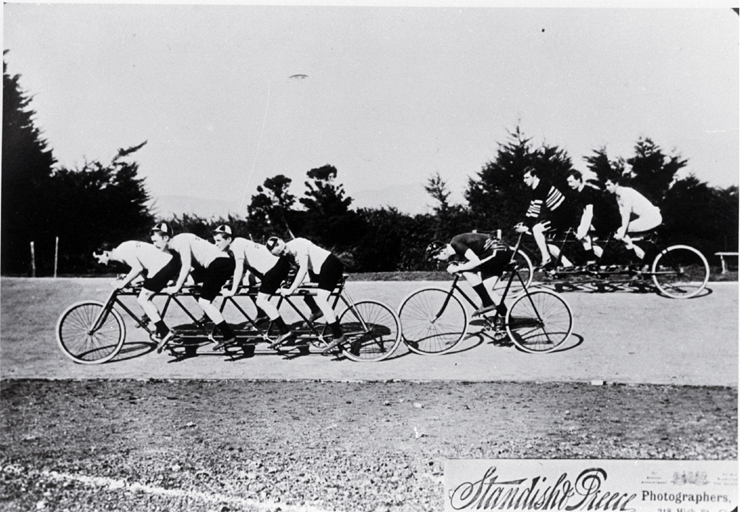 Clement Goodwin (Scorcher) Jones (1875?-1908) being paced by a quad team of cyclists at Lancaster Park Clement Goodwin Jones (1875?-1908) being paced by a quad team of cyclists at Lancaster Park
