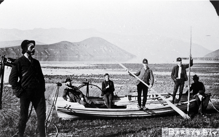 Cyclists on a trip to Akaroa, at Barry's Bay [slide]
