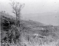 The settlement and Akaroa road in Little River Valley past Lake Forsyth, the main entrance to Banks Peninsula 