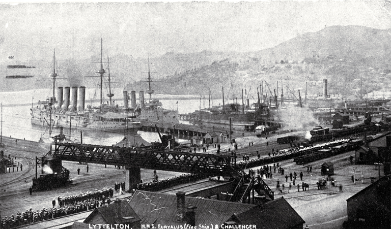 H.M.S. Euryalus (flagship) and H.M.S. Challenger at Lyttelton H.M.S. Euryalus (flagship) and H.M.S. Challenger at Lyttelton