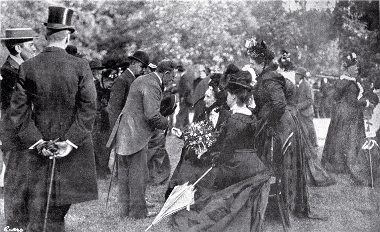 Garden party for the Old Colonists' Association at Riccarton House, 18 December 1900 : Mrs Jane Deans is shown receiving her guests. Garden party for the Old Colonists' Association at Riccarton House, 18 December 1900 : Mrs Jane Deans is shown receiving her guests.