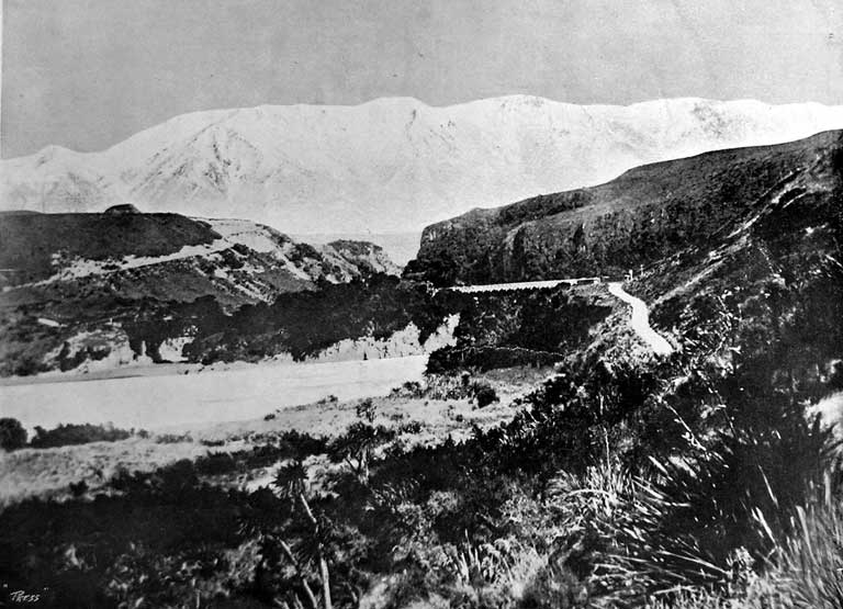 The Rakaia river with the two gorge bridges. From the Windwhistle Road.