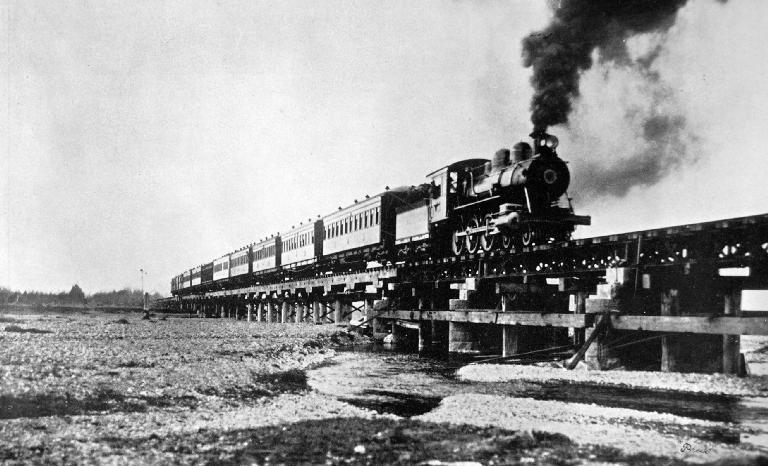 Crossing a bridge on the Christchurch-Dunedin railway.