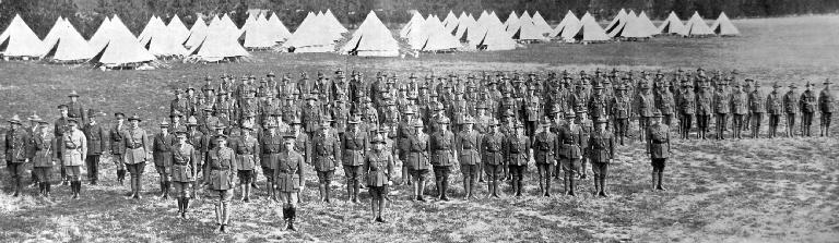 Officers and N.C.O.’s from every regiment in the Southern Command undergo a course of infantry instruction in camp at Burnham, Canterbury.