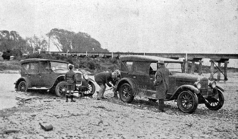 The Selwyn river obstacle. A car in difficulties at the Selwyn river crossing last week.