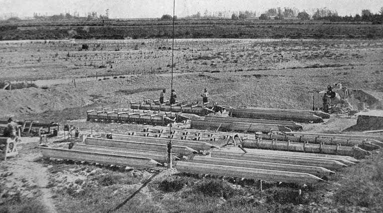 Bridging the Selwyn river, Canterbury. Left: Making concrete piles on the site of the new bridge.