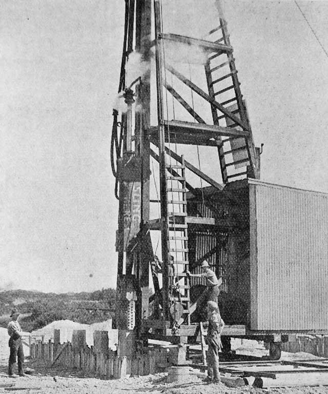 Bridging the Selwyn river, Canterbury. Right: The giant pile driver at work.