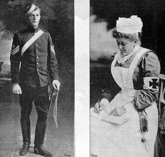 Two popular visitors to the camp. Sergeant-major Geo. E. Rhodes, Canterbury Yeomanry Cavalry. Ambulance sergeant Mrs G. E. Rhodes, Canterbury Yeomanry Cavalry.