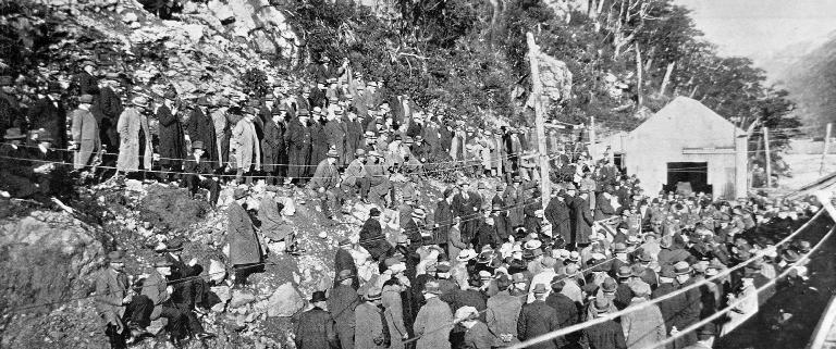 Assembled for the speech making: Sir William Fraser (standing just above the band) speaking.