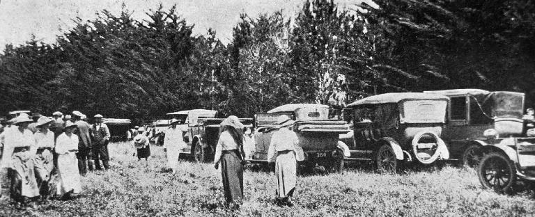 Some of the motor cars lined up at the Selwyn Huts.