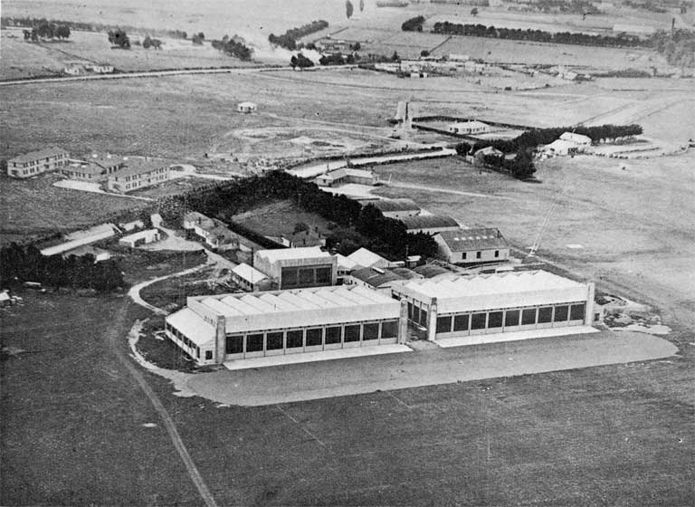 Aerial view showing the progress of the building at the RNZAF Flying Training School, Wigram aerodrome