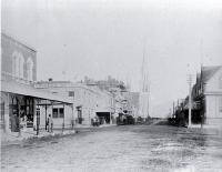 Colombo Street north : on left is Mrs Sharland's corset shop, on corner of Armagh Street is Golden Fleece Hotel.