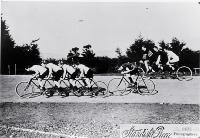 Clement Goodwin (Scorcher) Jones (1875?-1908) being paced by a quad team of cyclists at Lancaster Park 