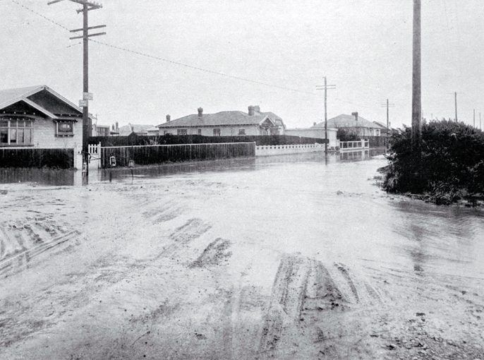 Junction of Innes Road and Rutland Street, flooded on 17 April 1925 