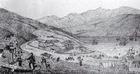 Port Lyttelton, showing the first four ships and emigrants landing from the Cressy, December 28th 1850 