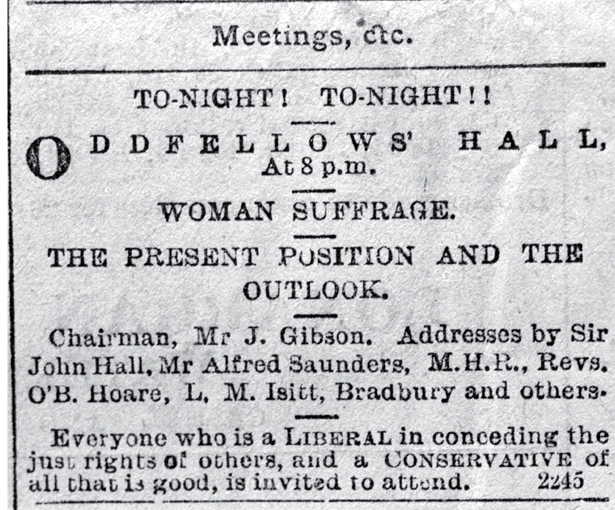 Public notice for a meeting on the present and outlook of woman's suffrage to be held at the Oddfellows Hall, Lichfield Street, Chch. 