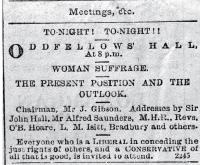 Public notice for a meeting on the present and outlook of woman's suffrage to be held at the Oddfellows Hall, Lichfield Street, Chch. 