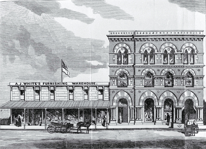 A. J. White's furniture warehouse and manufactory, corner of Tuam and High Streets, Christchurch 