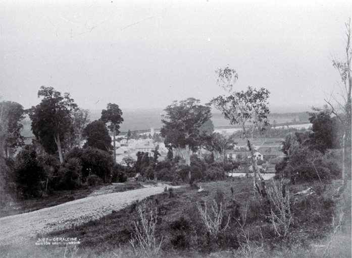 Looking across Geraldine from Priest's Hill towards Albert Street in the town centre, South Canterbury 