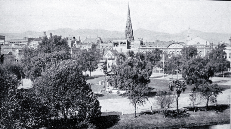 Victoria Square looking past the band rotunda towards the Cathedral spire 