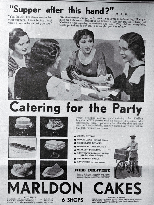 Advertisement for Marldon Cakes, local caterers of cakes and other tea snacks 